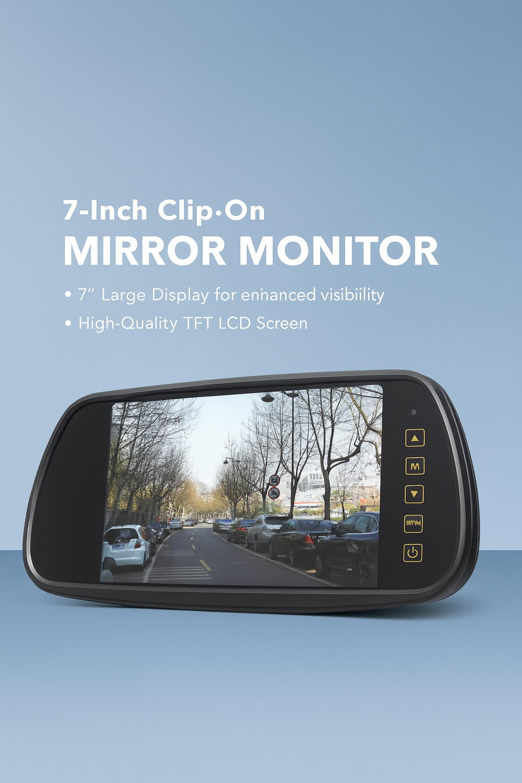 7-inch clip-on rearview mirror monitor displaying city street with parked cars