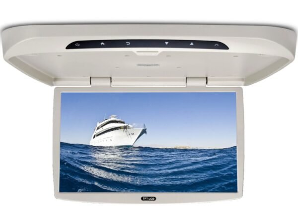 Bus ceiling monitor showing fold-down motion
