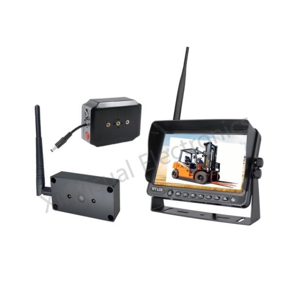 Wireless forklift camera installed near forklift mast in warehouse