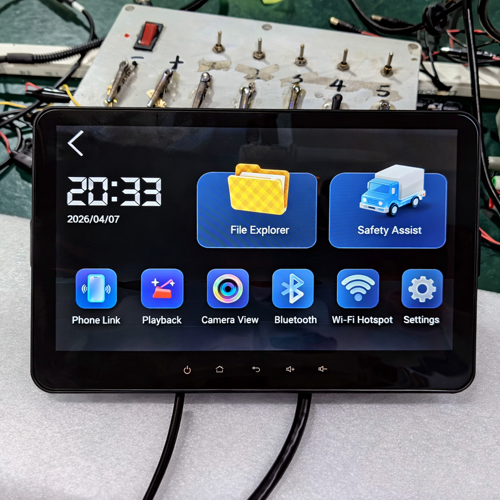 10.1 inch 4G AI monitor DVR interface with phone link, playback, camera view and Wi-Fi hotspot