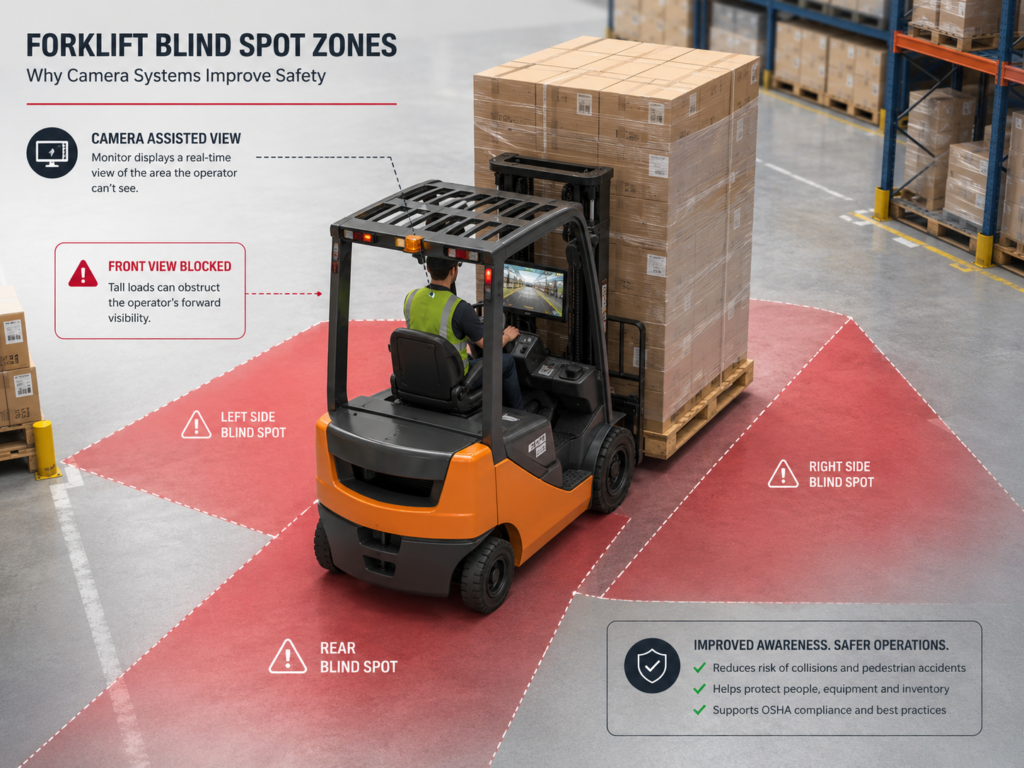 Forklift blind spot camera system improving operator visibility in a busy warehouse