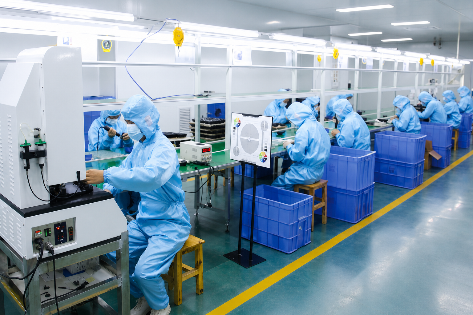 Dust-free workshop for vehicle camera and monitor assembly