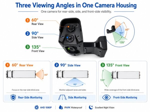 Three-lens side view camera with 60 degree rear view 90 degree side view and 135 degree front view