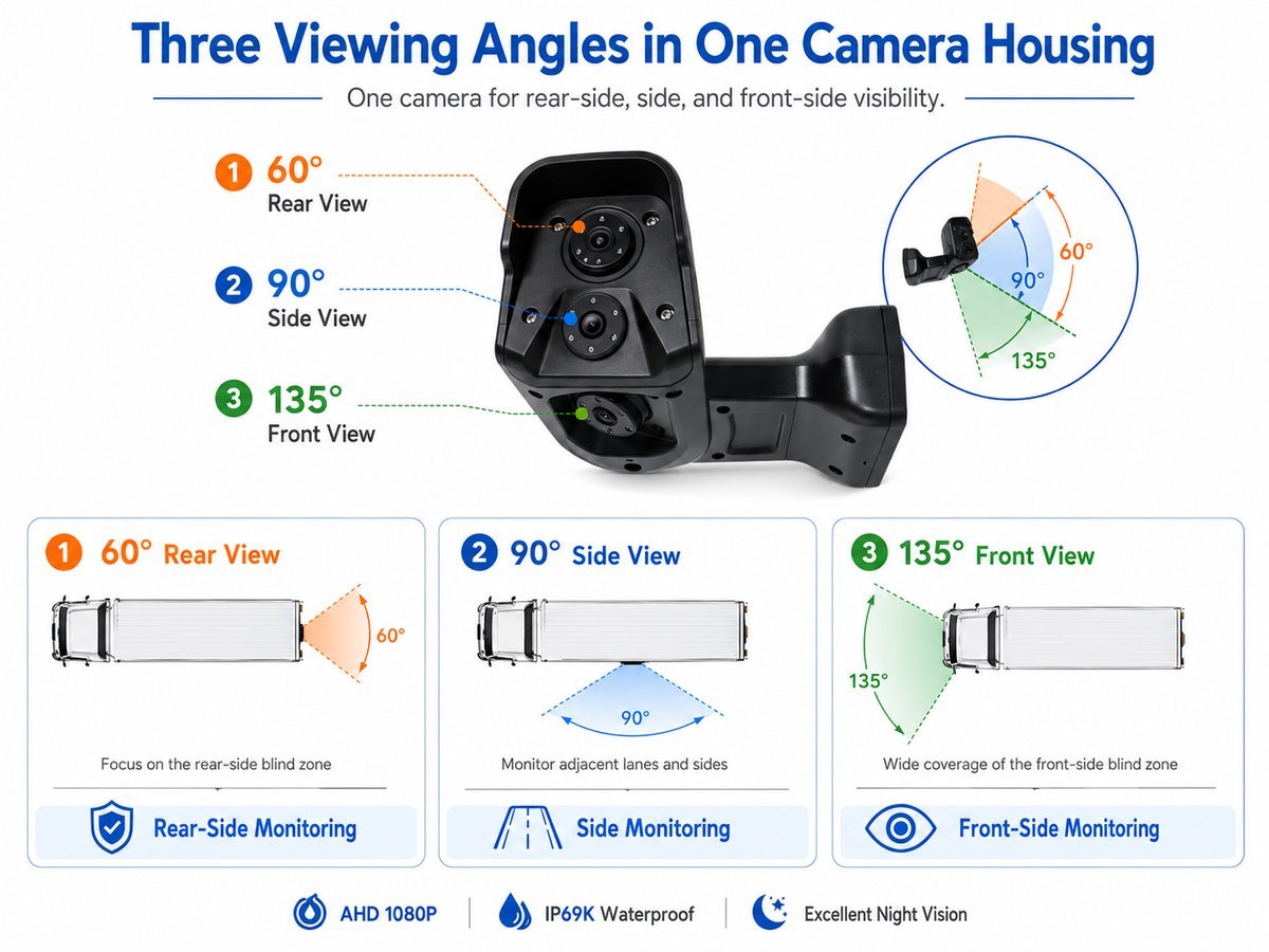 three-lens-side-view-camera-60-90-135-degree Three-lens side view camera with 60 degree rear view 90 degree side view and 135 degree front view