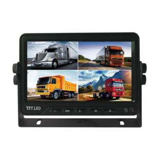 Black bracket-mounted vehicle monitor displaying four truck images in a split screen