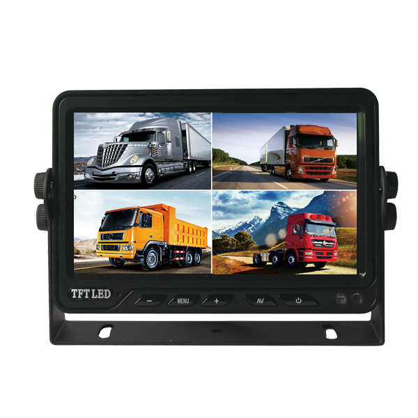 Black bracket-mounted vehicle monitor displaying four truck images in a split screen