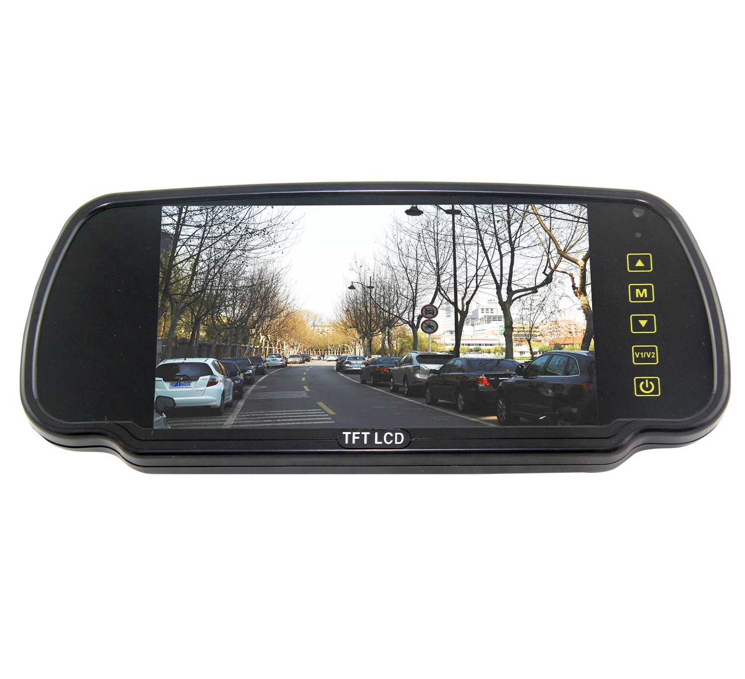 Black mirror-style vehicle monitor displaying a road with parked cars and yellow touch buttons on the right