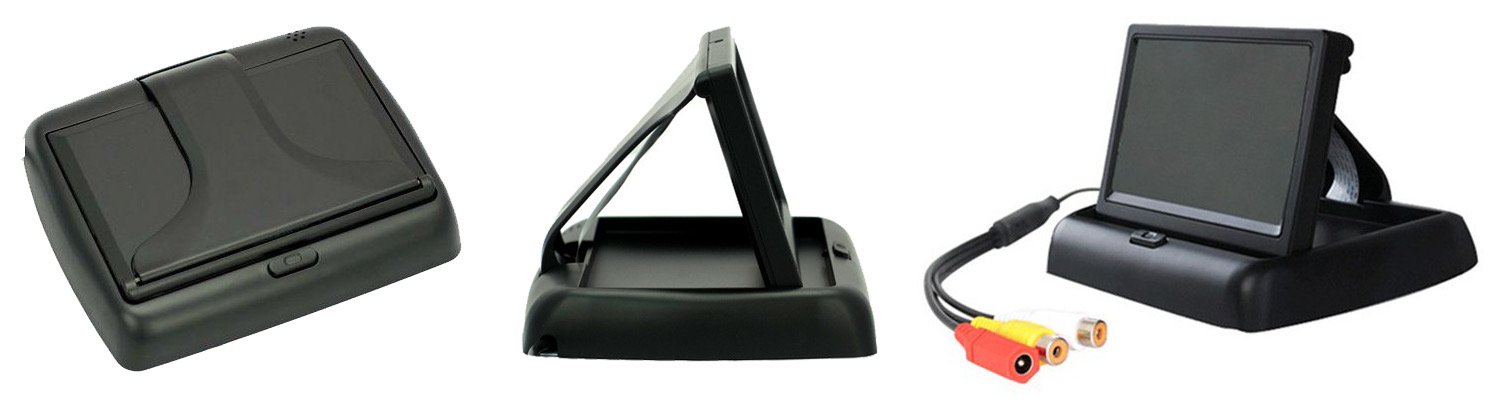 Black pop-up vehicle monitor shown closed, side-on, and open with red, yellow, and white connectors