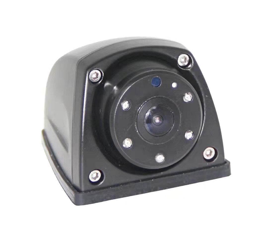 Compact black side-view vehicle camera with a central lens and silver housing fasteners