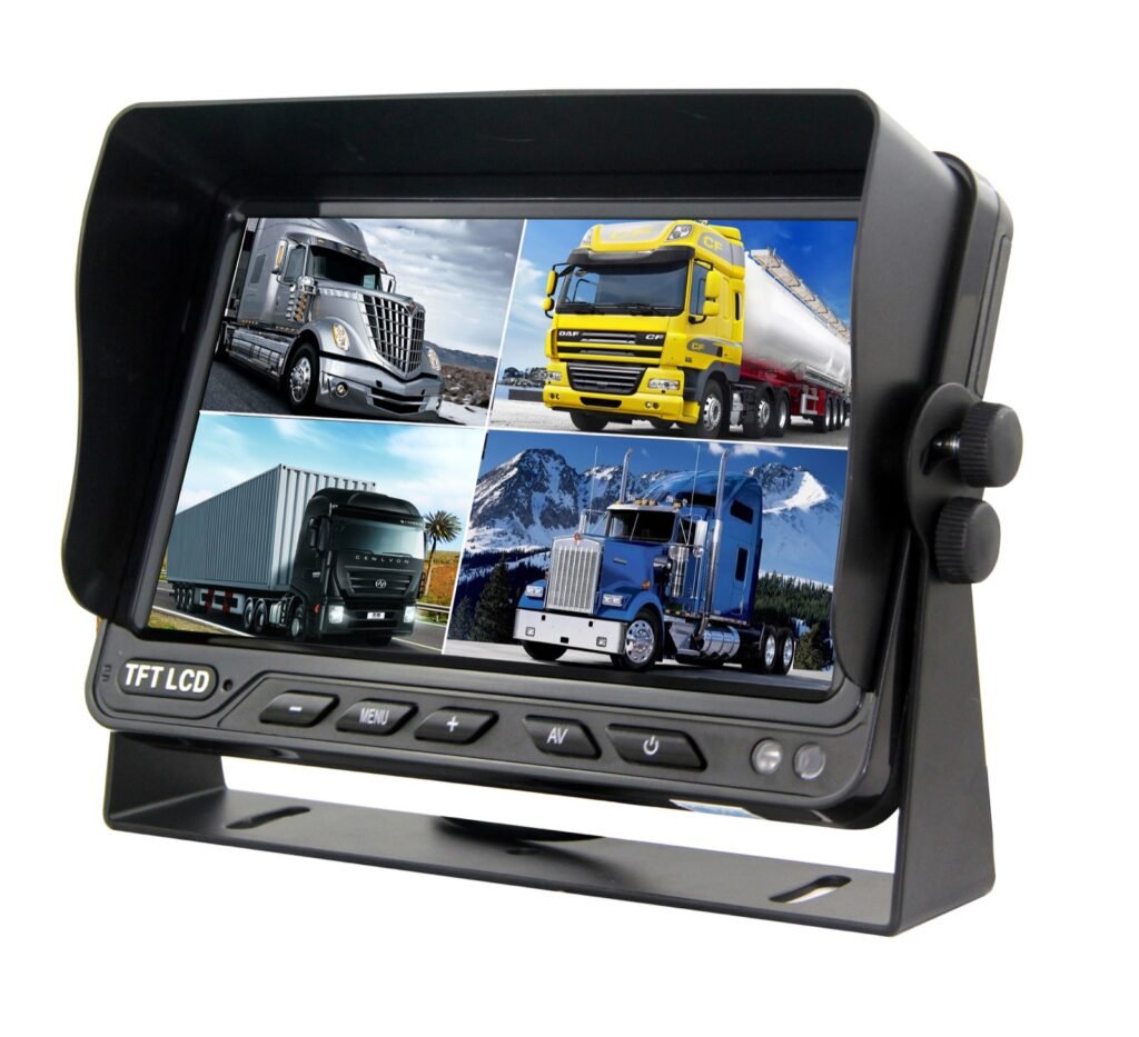 Black bracket-mounted vehicle monitor displaying four truck images in a divided screen