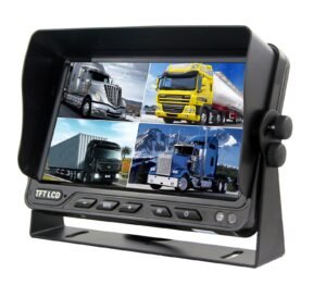 Black bracket-mounted vehicle monitor displaying four truck images in a divided screen