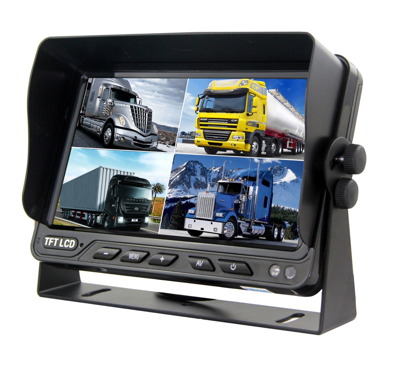 Black bracket-mounted vehicle monitor displaying four truck images in a divided screen