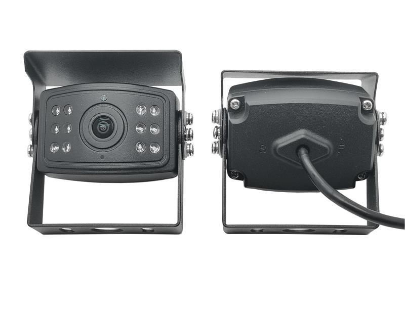 Black bracket-mounted vehicle camera shown from the front and rear