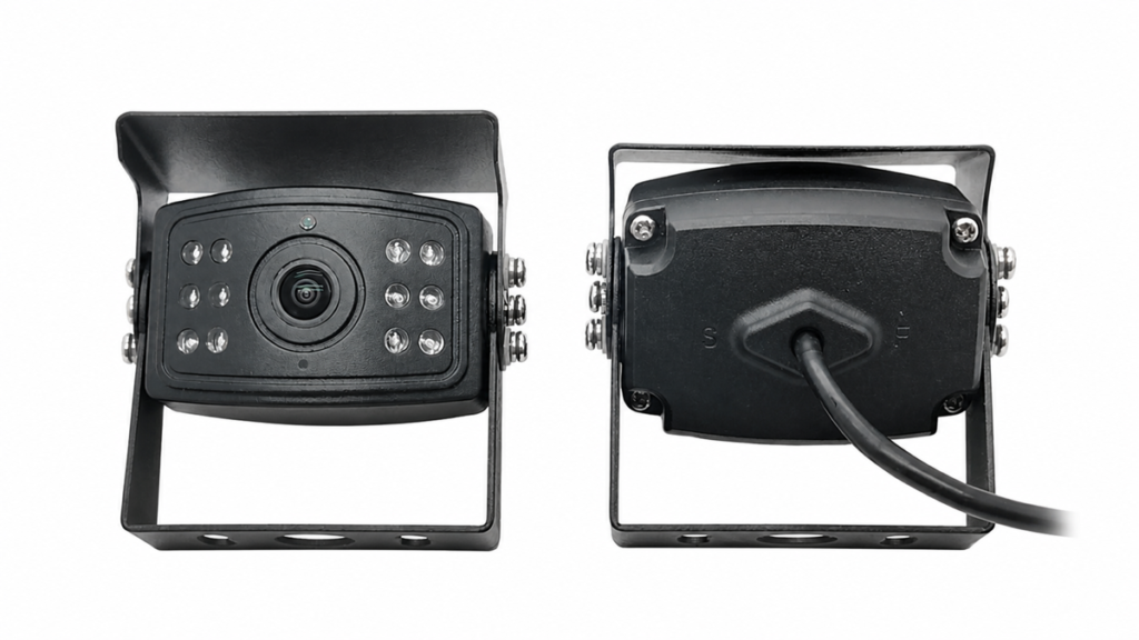 Vehicle camera vibration resistance guide with bracket-mounted camera front and rear views