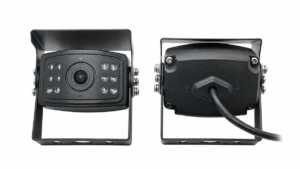 Vehicle camera vibration resistance guide with bracket-mounted camera front and rear views