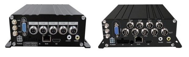Rear panels of four-channel and eight-channel mobile DVR recorders shown side by side