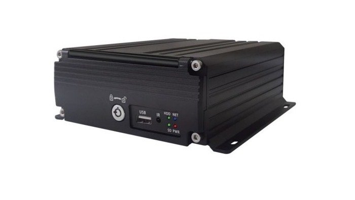 Black mobile DVR recorder with front lock, USB port, and status indicators