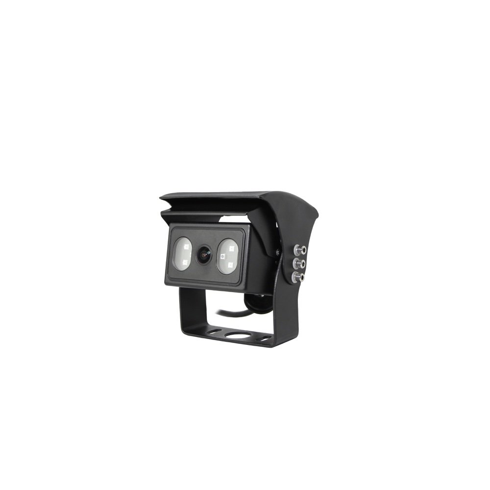 Black vehicle camera with central lens, two light windows, sunshield, and mounting bracket