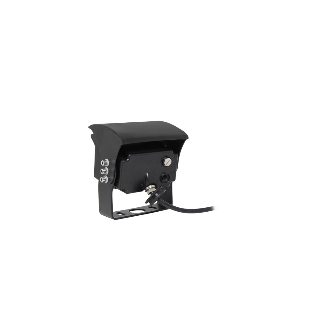 Rear of a black vehicle camera with sunshield, bracket, fasteners, cable gland, and cable