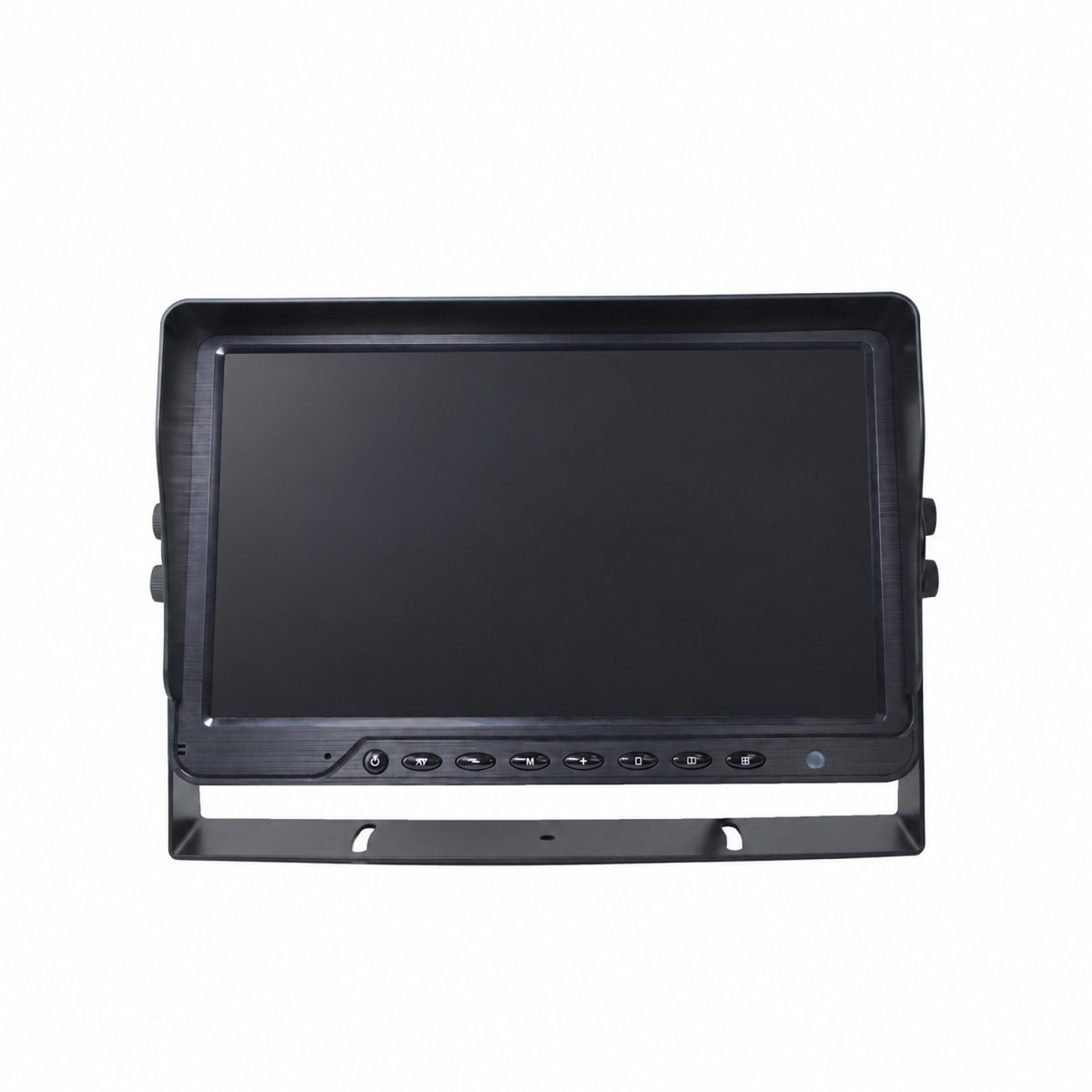 Front of a black vehicle monitor with an inactive screen, control buttons, side knobs, and U-shaped bracket