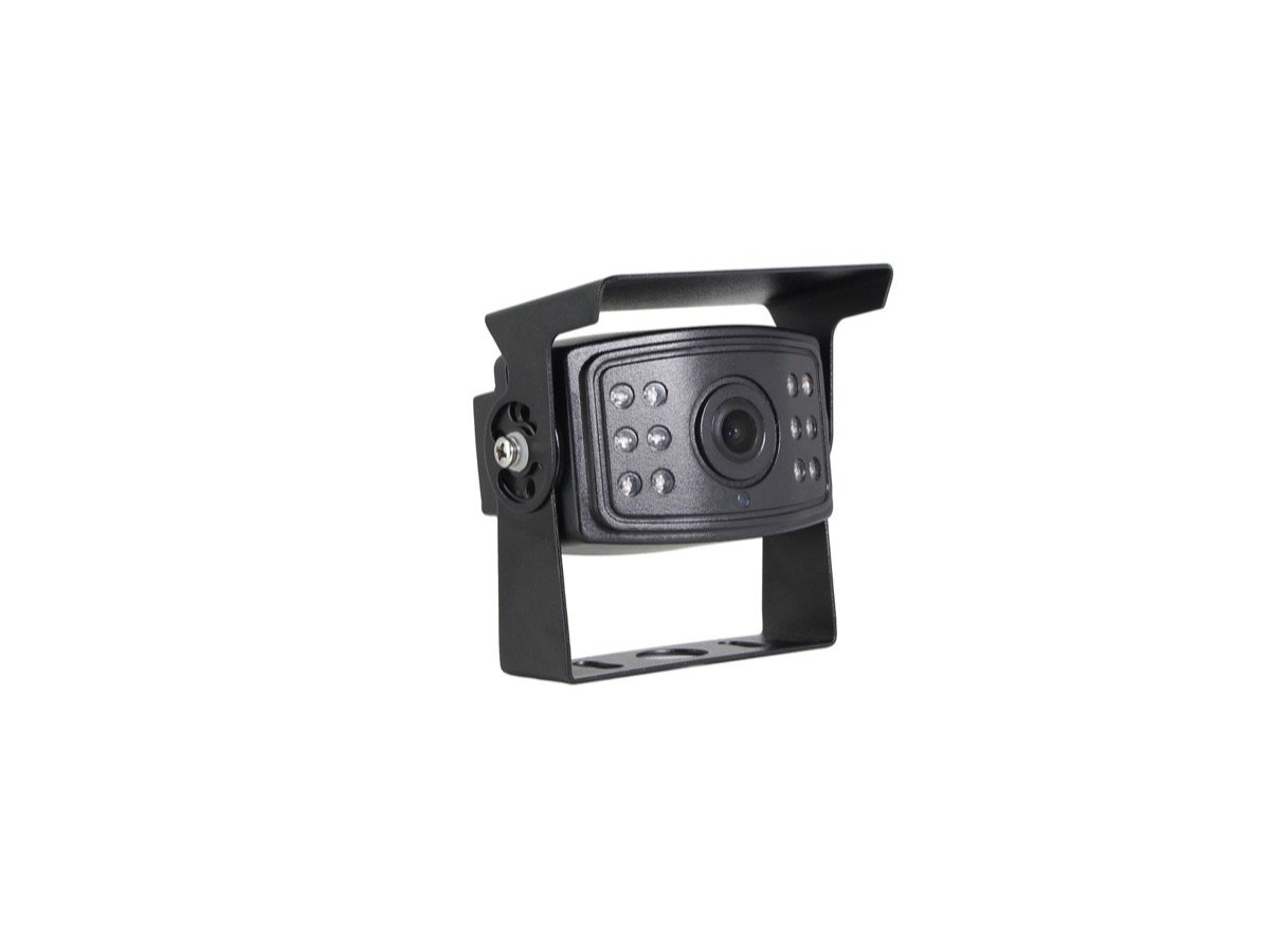 Black heavy-duty vehicle camera with central lens, LED array, sunshield, and U-shaped bracket