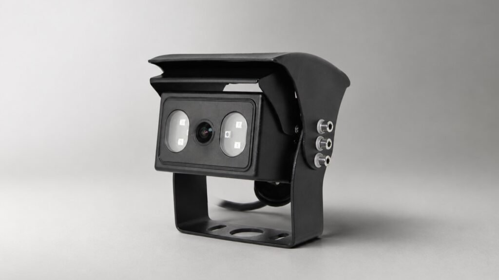 Black vehicle camera with sunshield and mounting bracket on a gray studio background