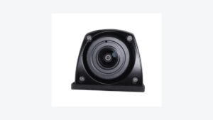 Compact black vehicle camera with a central lens and four corner fasteners on a neutral background