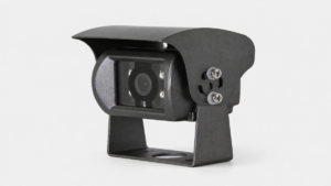 Black bracket-mounted vehicle camera with sunshield on a light background