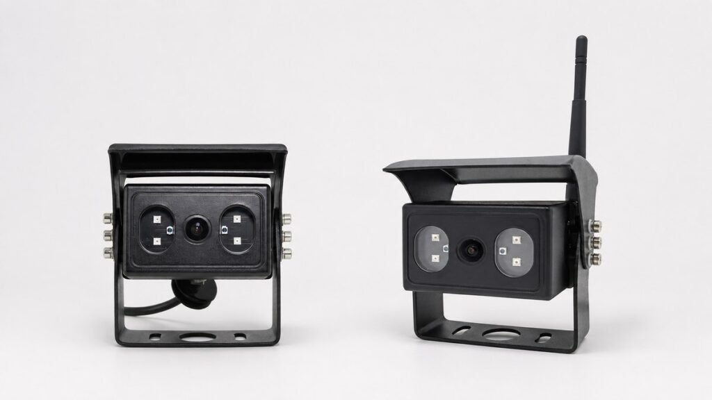 Two black vehicle cameras with sunshades and mounting brackets, one with an antenna