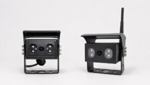 Two black vehicle cameras with sunshades and mounting brackets, one with an antenna