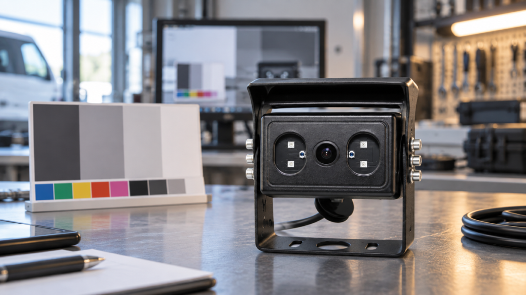 Xinvisual vehicle camera beside a neutral color reference card in a white balance sample evaluation setup