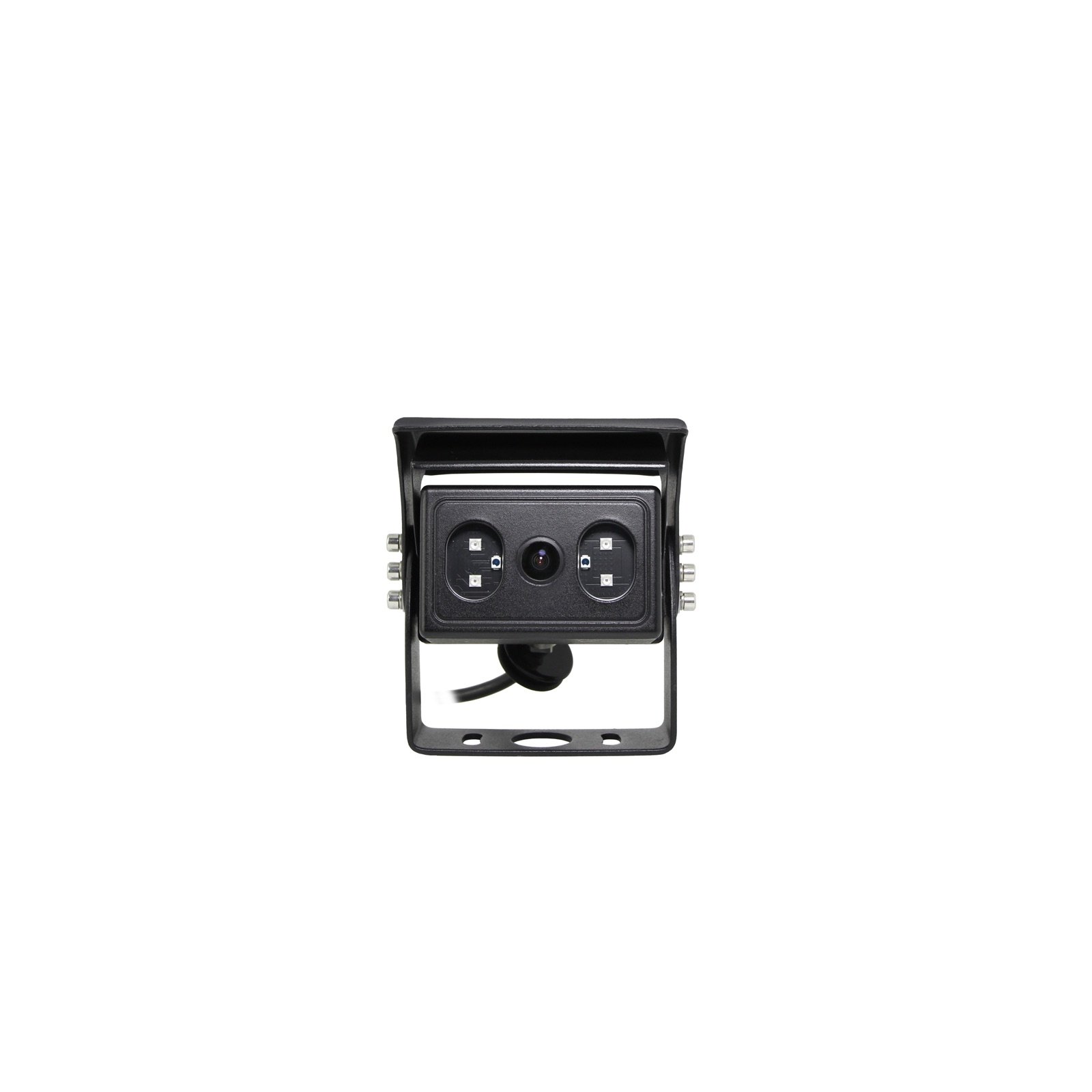 Front view of a black Xinvisual vehicle camera sample with lens, infrared lights, sunshield, bracket, and cable
