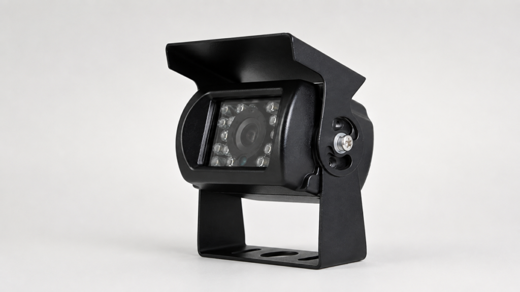 Black bracket-mounted vehicle camera with sunshield and infrared light elements on a light background