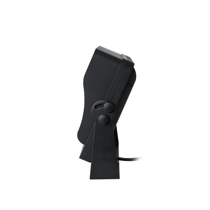 Side profile of a black vehicle monitor on an adjustable stand with two mounting knobs