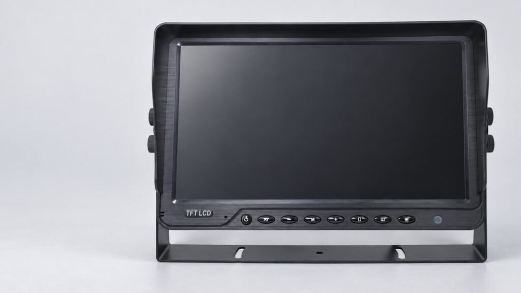 Front view of a black vehicle monitor on a U-shaped bracket with the screen off
