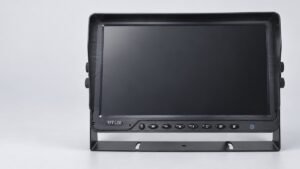 Front view of a black vehicle monitor on a U-shaped bracket with the screen off