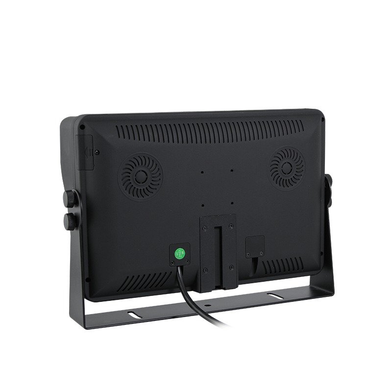 Rear of a black vehicle monitor with ventilation slots, mounting rail, U-shaped bracket, and cable