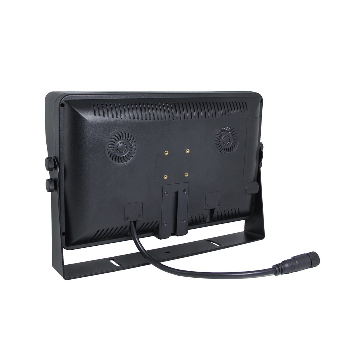 Rear of a black vehicle monitor with ventilation slots, U-shaped bracket, cable, and round connector