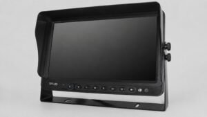 Black bracket-mounted vehicle monitor with a dark screen, sunshade, control buttons, side knobs, and U-shaped metal stand