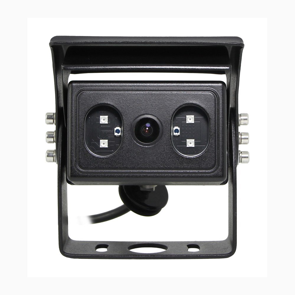 Black wired vehicle camera with sunshade, bracket, central lens, and light elements
