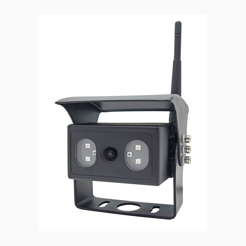 Black wireless vehicle camera with sunshade, bracket, central lens, light elements, and antenna