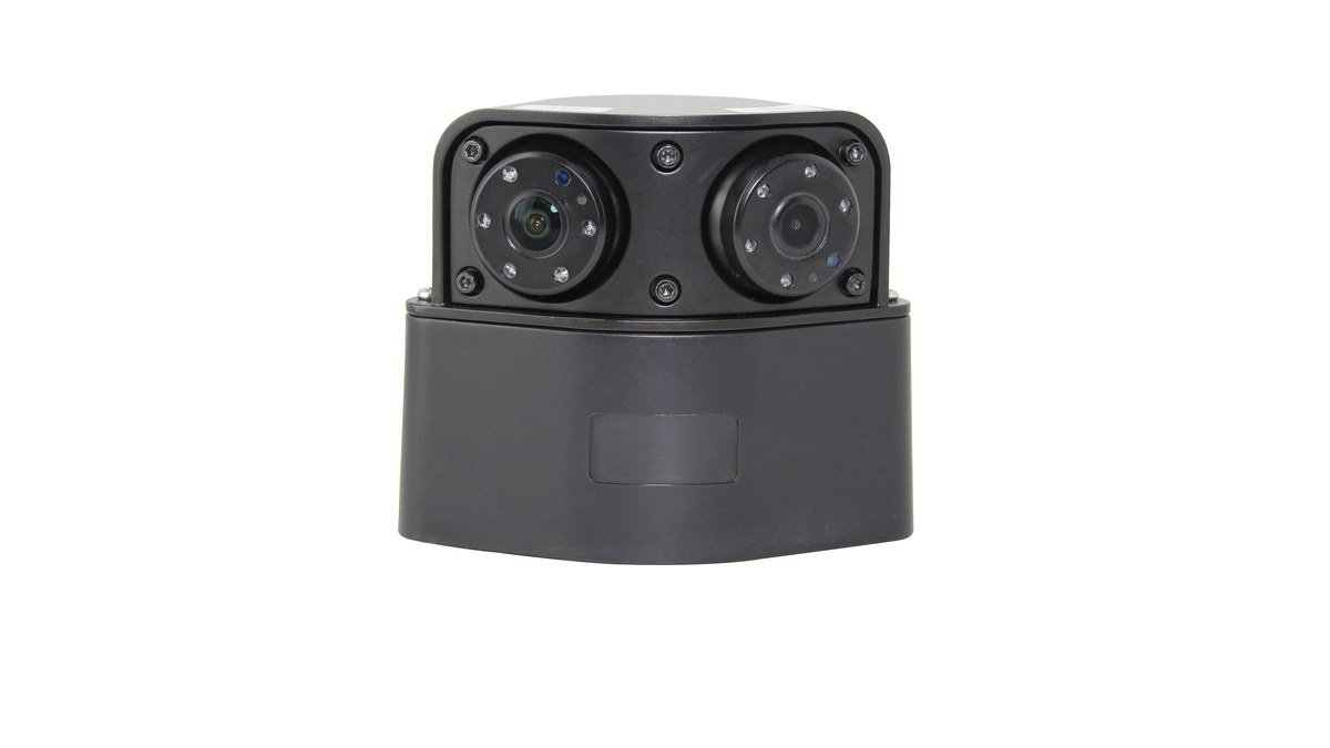 Black dual-lens vehicle camera housing with two circular lens modules