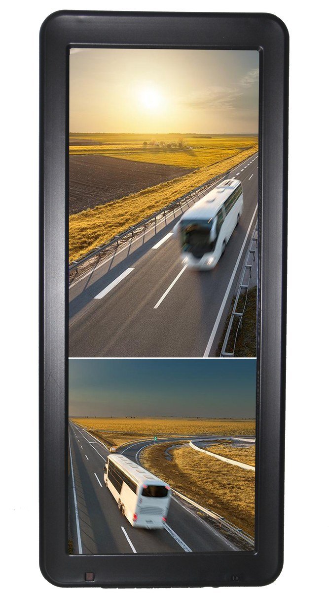Tall black mirror monitor displaying two road views with buses