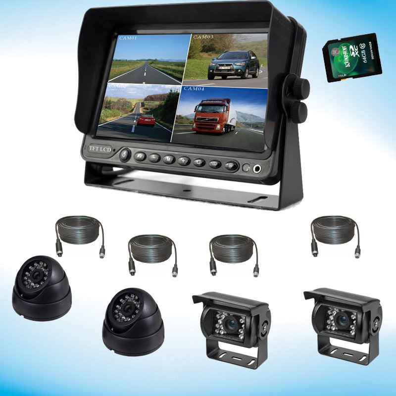 Vehicle monitor kit with an SD card, four cables, two dome cameras, and two bracket cameras