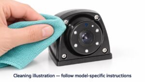 Cleaning illustration showing a hand holding a teal optical cloth beside the circular front of a compact black vehicle camera.