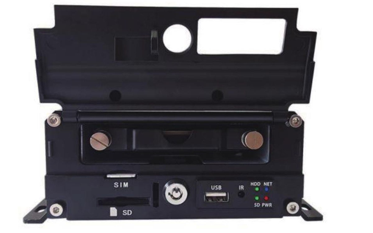 Open front panel of a black vehicle MDVR showing the USB backup port and status indicators