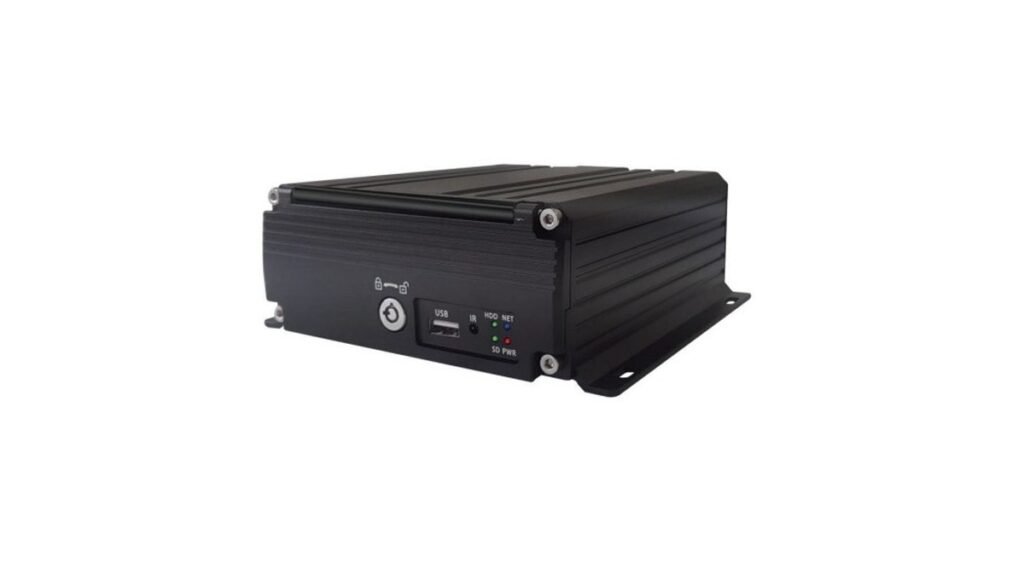 Black vehicle MDVR recorder with front USB port and mounting tabs on a light background