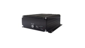 Black vehicle MDVR recorder with front USB port and mounting tabs on a light background
