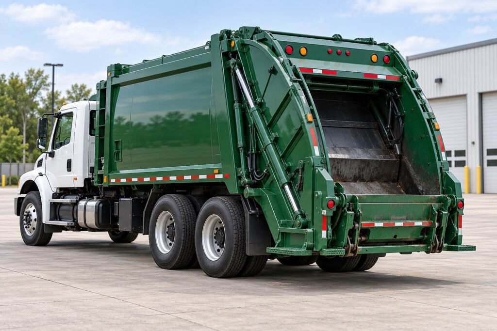 AI-generated rear three-quarter view of a green rear-loading refuse truck with a white cab at a depot