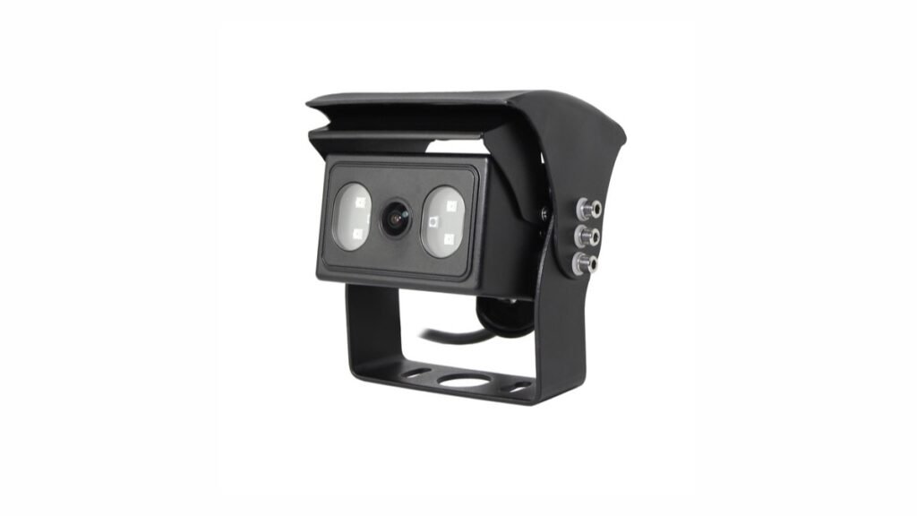 Side-angle view of a black Xinvisual vehicle camera with visor, bracket, and light modules